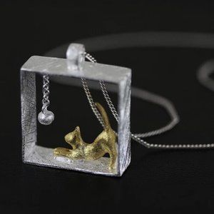 14k Gold Adorable Playing Cat Sterling Silver Necklace